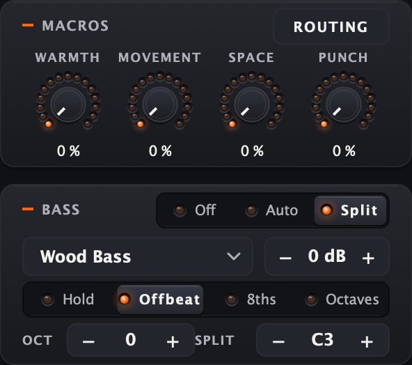 The Bass panel: Split, Wood Bass, Offbeat, octave and split point C3, with the macros above.