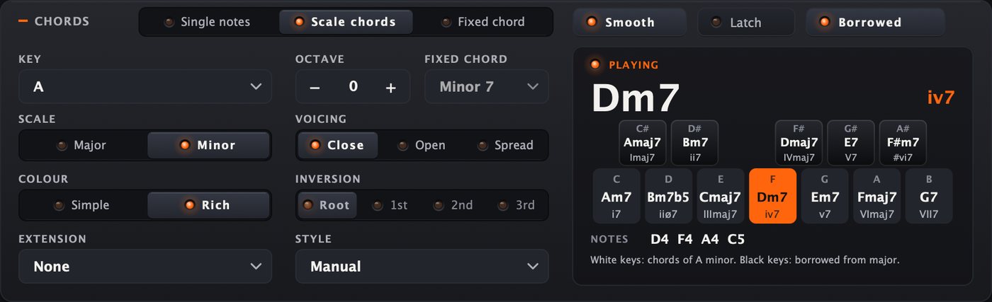 The STILL chords panel: key, colour, style and the chord display showing Dm7 and the borrowed chords.