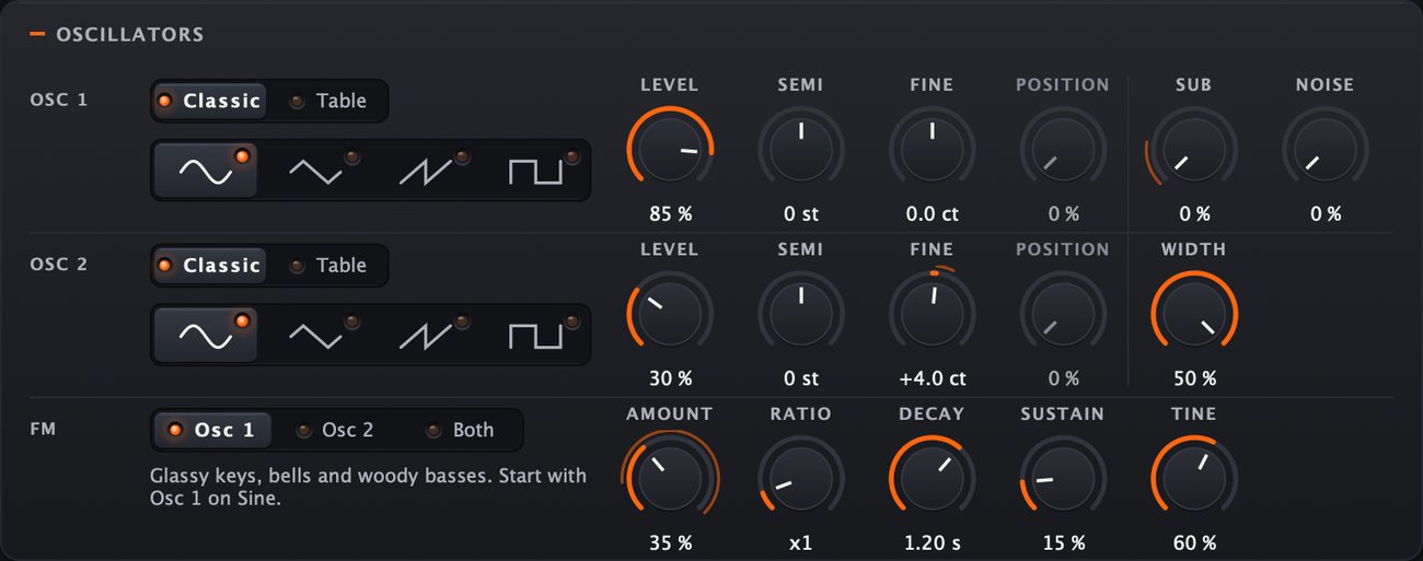 The oscillators with the FM row: Amount, Ratio, Decay, Sustain and Tine, with the preset Tine Keys.