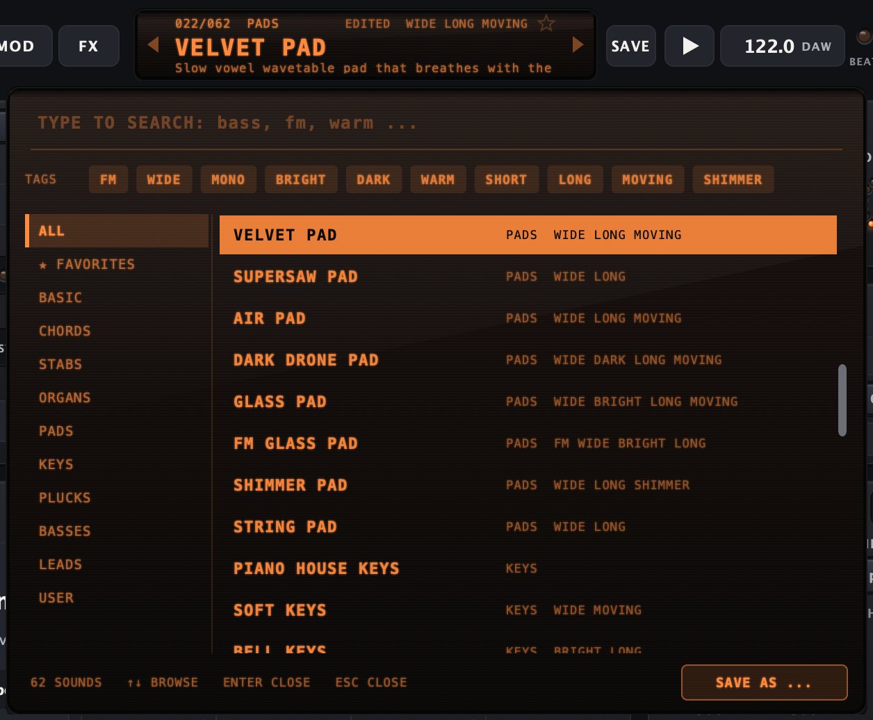 The display menu with search, tags, categories and the list of sounds.