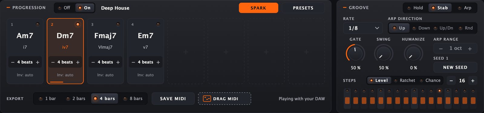 The progression Am7, Dm7, Fmaj7, Em7 next to the Groove panel.