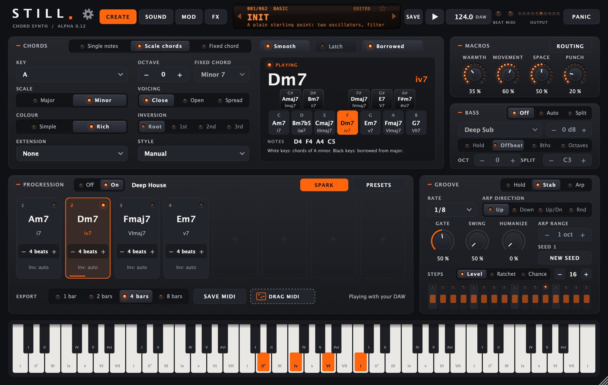 The STILL interface: chords, display, progression, groove, bass layer and keyboard.